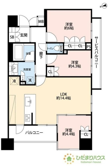 【間取り】 | ウィザースレジデンス土浦　 | ゆとりある3LDKの間取り♪家族団らんのLDKは14.4帖。