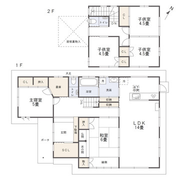 大村市赤佐古町の中古一戸建の間取り|各部屋に収納を備えた5LDKの広々とした間取り。1階と2階それぞれにトイレがある点もうれしいポイントです。