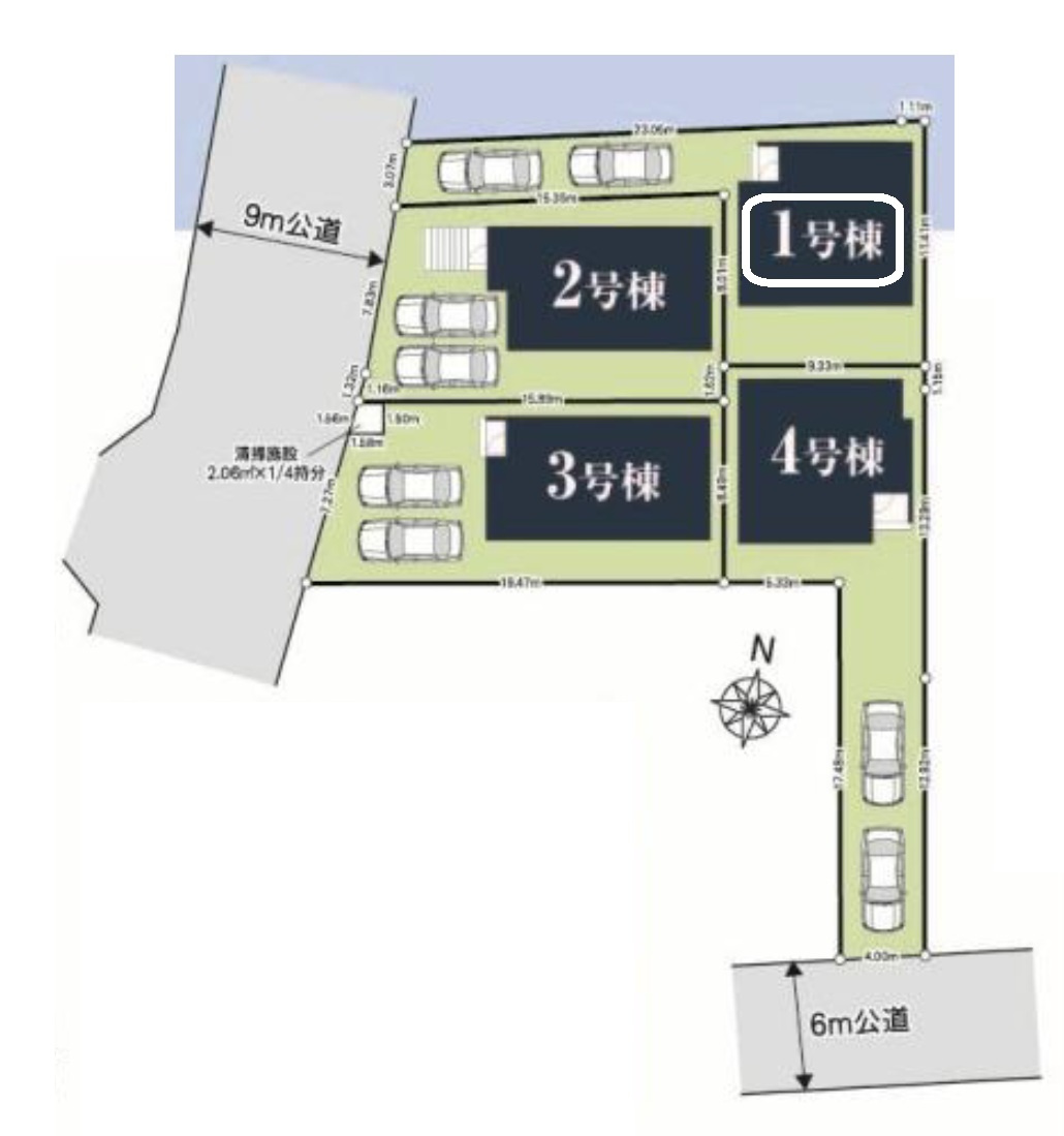 所沢市小手指南4丁目・全4棟　新築一戸建　1号棟の区画図|【全4棟・1号棟】カースペース2台分。
