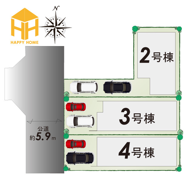 KEIAI GRACE稲葉荘1丁目新築一戸建て│3LDK+駐車2台可の区画図|全4区画で、それぞれ異なる間取りと配置を採用。駐車スペースもしっかり確保され、前面道路は約5.9ｍあります。号棟ごとに玄関の位置や車の停め方も違うので、生活動線までイメージしながら比較できます。