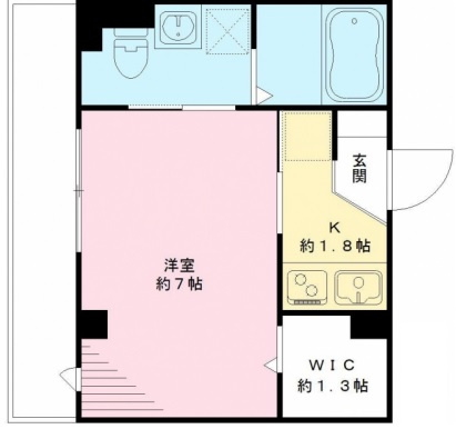 メゾンルボワ西の間取り|間取り 1K洋室7帖に1.3帖のウォークインクローゼット付