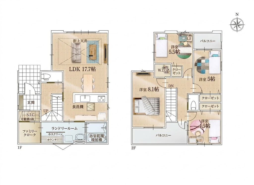 越谷市宮前１期１号棟　新築戸建の間取り|日当たりや風通しを考慮して設計された快適な4LDK。一年を通して爽やかで温かい住空間が広がります。