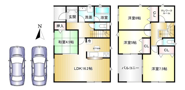 桜井市草川第１　全３棟の間取り|4LDK　土地面積：212.23ｍ2　建物面積：105.29ｍ2　駐車2台可
