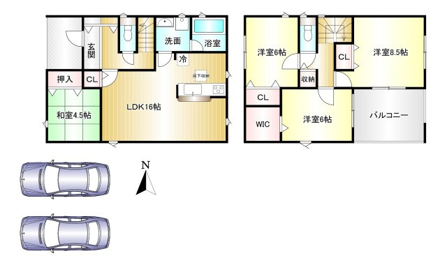 桜井市草川 第1　全３棟の間取り|4LDK　土地面積：212.22ｍ2　建物面積：108.54ｍ2　駐車2台可