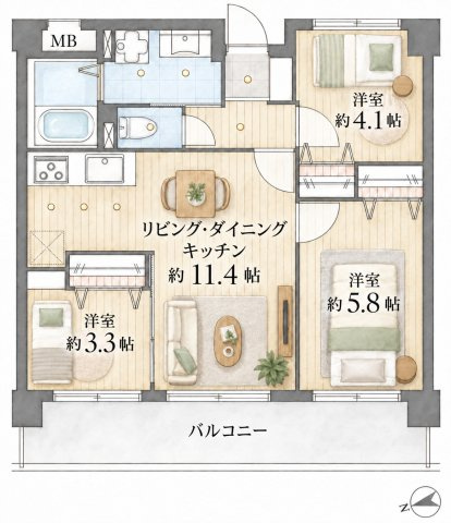 中山南パーク・ホームズの間取り|3LDK、価格4380万円、専有面積55.07m2、バルコニー面積11.70m2 【LDK　11.4帖】 【洋室　5.8帖・4.1帖・3.3帖】  
