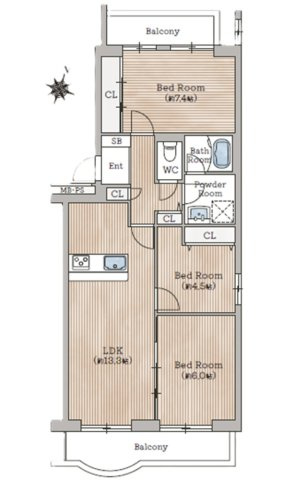 西宮セントポリア1号棟の間取り|角住戸ならではの三面採光　2面バルコニー
