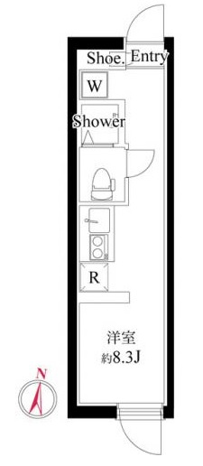 The One Nishikamata(ザワン西蒲田の間取り|南向きシャワールームとトイレの1R
