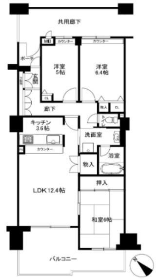 神戸市灘区鶴甲１丁目の賃貸マンションの間取り