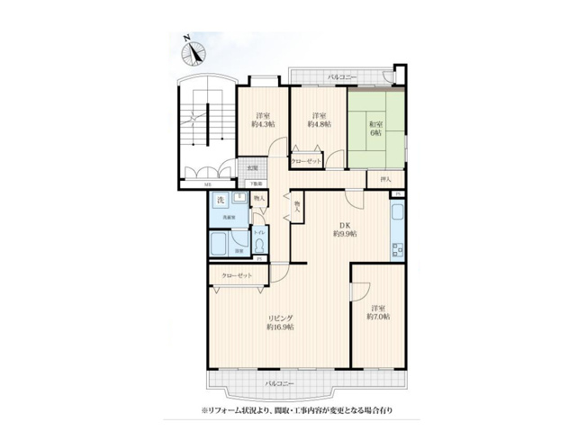 【間取り】 | グリーンコープ松が谷３号棟 | 4つの居室とゆとりあるLDKを備えた4LDKの中古マンション。子育て世帯にうれしい、個室と団らんの場がそろう間取りです。家事動線と収納計画にこだわり、子育て中の忙しい毎日をしっかり支えます。