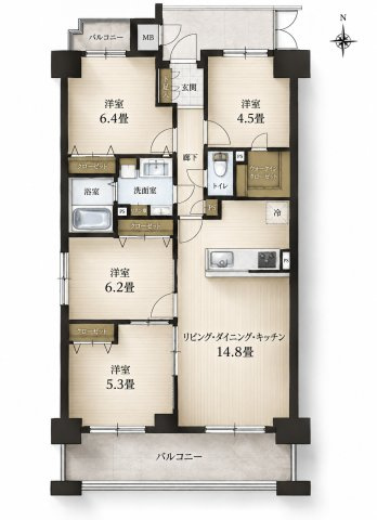 枝松パークホームズの間取り|4LDK＋WICのゆとりある住空間。LDKに加えて4つの洋室を備え、子ども部屋や書斎などライフスタイルに合わせて使い分けできます。