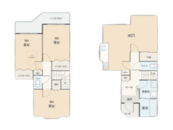 【間取り】 | 下荻野中古戸建 | 3つの居室とゆとりあるLDKを備えた3LDKの中古戸建。家族が集まるリビングと個室のバランスがよい間取りです。街並みに映える洗練された外観と、機能美を備えた内装が魅力の住まいです。現地見学も承ります。