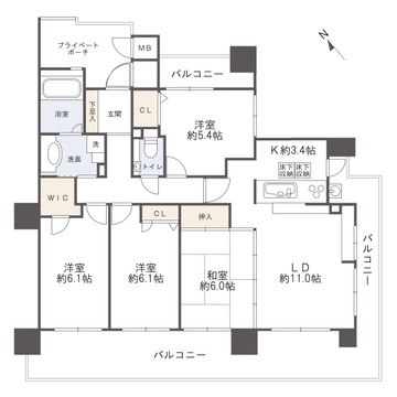 プレジデント皇神五日市の間取り|専有面積８４．６８㎡、バルコニー面積３６．２２㎡、４ＬＤＫのゆとりがある間取りです。