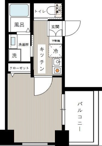 ルクシェール武蔵新田の間取り|角部屋2面採光の1Kバストイレ別独立洗面台