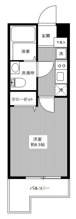 SIN-Cityシンシティー多摩川の間取り|東向きバルコニーの1K洋室6.5帖バストイレ別独立洗面台