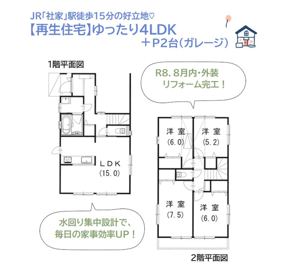 【間取り】 | 気持ちよい新生活のスタートが切れる新規リフォーム住宅（R8.8月）
プライベートルームは２階にまとまり、スペース十分！
全室２面採光で風通りも良く、全室収納完備でキレイな住空間が広がります♪