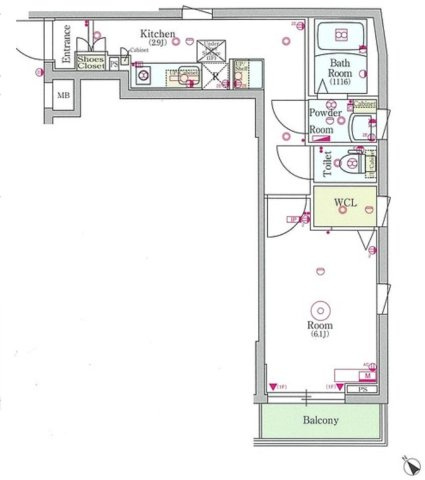 スカイコートパレス蒲田Ⅱの間取り|間取り　角部屋の1K洋室バストイレ別独立洗面台