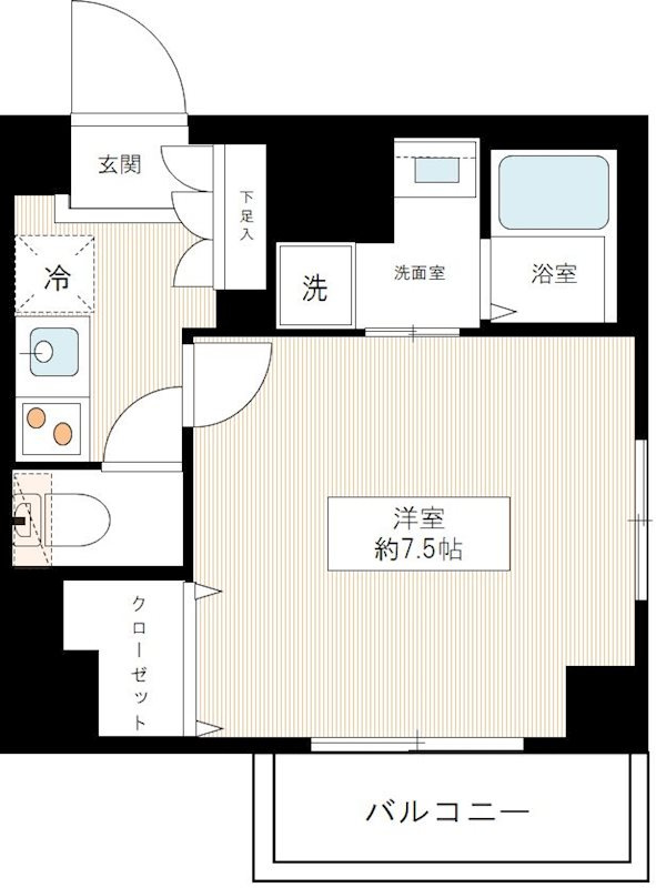 LEXEレグゼ矢口渡の間取り|角部屋2面採光洋室7.5帖の1Kバストイレ別独立洗面台！
正方形に近い洋室と洗面所とトイレ独立がポイント
