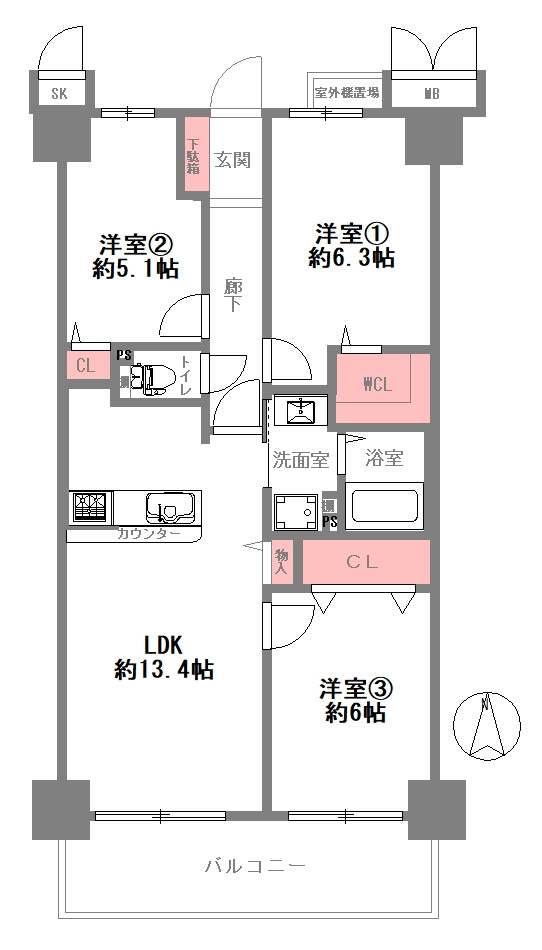 フェアコート大阪城公園の間取り|中古マンション　LDK　専有面積：67.8㎡（壁芯）　バルコニー面積：9.6㎡　南向き