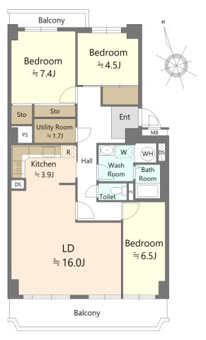 我孫子市布佐平和台駅前マンションウイングB棟309号の間取り|3LDK+納戸　86.88㎡
