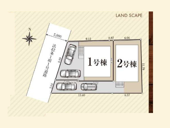 【土地図】 | 中野上町新築戸建 | 図面の数字は敷地の各辺の長さ（m）、太線は道路に接する部分です。建物の配置や駐車スペースの目安がわかります。方位や隣地との関係は現地でご案内します。※図面と現況が異なる場合は現況優先。