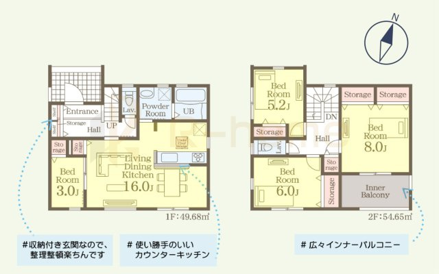 第2常総市東野原　新築戸建て　1号棟の間取り|4LDK＋全居室収納、土地面積267.73m2、建物面積104.33m2