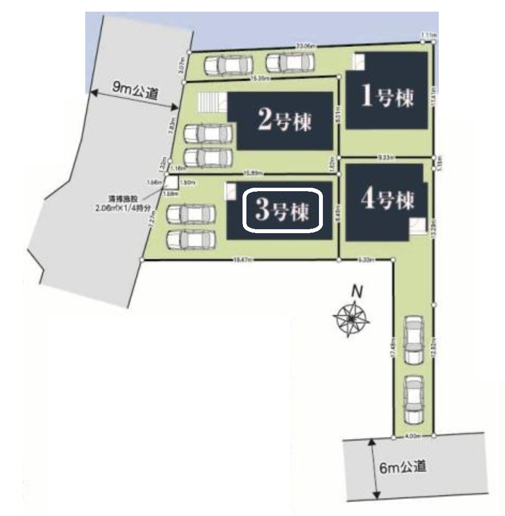 所沢市小手指南4丁目・全4棟　新築一戸建　3号棟の区画図|【全4棟・3号棟】カースペース並列2台。