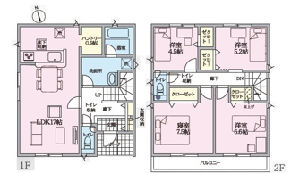 【間取り】 | 大竹市小方1丁目【全4区画】No3　 | 17帖のLDKに1.5帖のパントリー、床下収納、各階のトイレ収納など、適材適所の収納を配置した4LDKプラン。2階の全4居室にクローゼットを備え、主寝室は7.5帖とゆとりある広さを確保しています。
