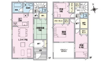 【間取り】 | 安芸郡熊野町城之堀1丁目　全10区画　NO5 | 17帖の広々としたLDKに、全居室収納や1.5帖の納戸を備えた4LDKの間取り図です。各階にトイレがあり、日当たりの良い9.72㎡のバルコニーも魅力です。