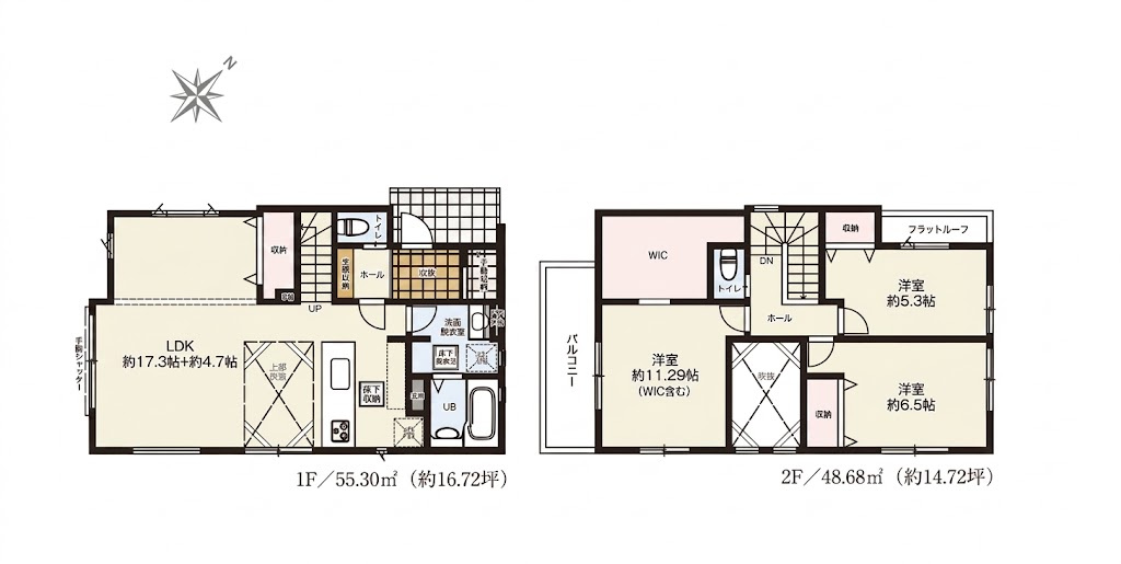 越谷市大沢１7期１号棟ケイアイグレース　新築戸建の間取り|収納の配置にこだわり居住スペースを広く取った3LDK。お好みのインテリアを自由に楽しめます。