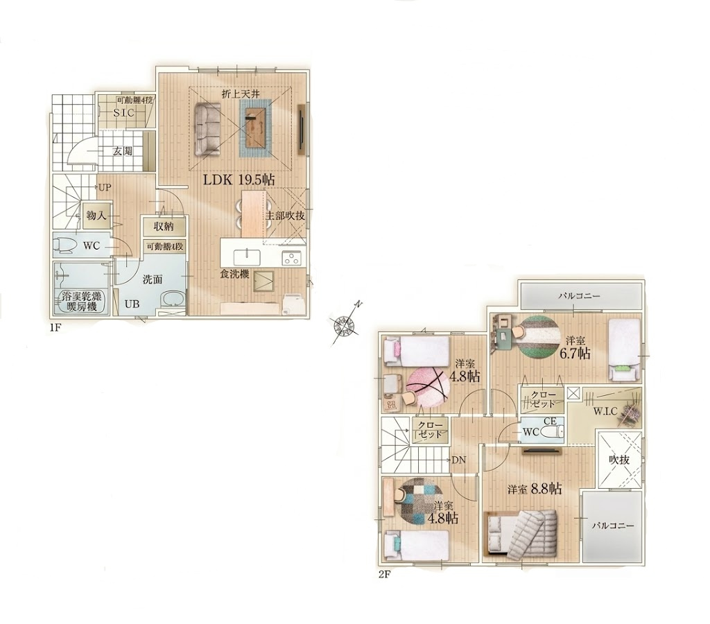 越谷市東越谷１５期１号棟リガーレ　新築戸建の間取り|家事に配慮した動線と豊富な収納を備えた4LDK。家族全員の荷物や衣類をすっきり整理整頓できます。