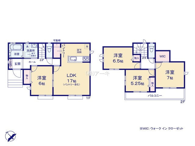 知多市新知新南性86『仲介手数料無料』新築一戸建て・建売の間取り|　D号棟　1F:LDK17帖に隣接する洋室6帖　CL設置はお子様の遊び場・奥様の家事室に便利！パントリー♪2F:主寝室7帖　WIC設置！洋室6.5帖・洋室5.25帖　CL設置♪南面バルコニー♪