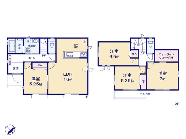 知多市新知新南性86『仲介手数料無料』新築一戸建て・建売の間取り|　E号棟　1F:LDK16帖に隣接する洋室5.25帖　CL設置はお子様の遊び場・奥様の家事室に便利！♪2F:主寝室7帖　WIC設置！洋室6.5帖・洋室5.25帖　CL設置♪南面ワイドバルコニー♪
