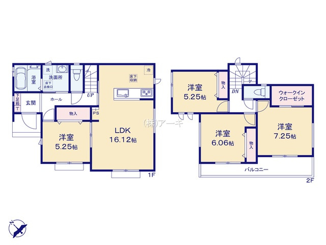 知多市新知新南性86『仲介手数料無料』新築一戸建て・建売の間取り|　F号棟　1F:LDK16.12帖に隣接する洋室5.25帖　CL設置はお子様の遊び場・奥様の家事室に便利！♪2F:主寝室7.25帖　WIC設置！洋室6.06帖・洋室5.25帖　CL設置♪南面バルコニー