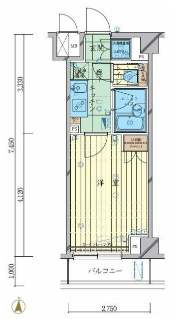 ルーブル多摩川七番館の間取り|間取り　南向きバルコニーの1K洋室バストイレ別