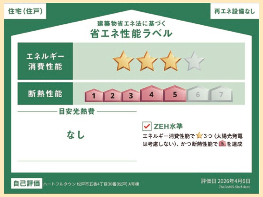 松戸市五香４丁目新築戸建【高木第二小学校：6分】の省エネ性能ラベル|省エネ性能ラベル・ZEH水準