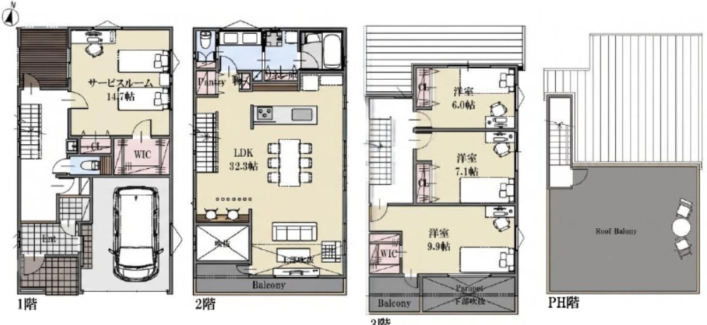 文京区本駒込　建築条件付売地の参考プラン|LDK32帖以上の4LDK　延床：174.30㎡　建物参考価格：5440万円