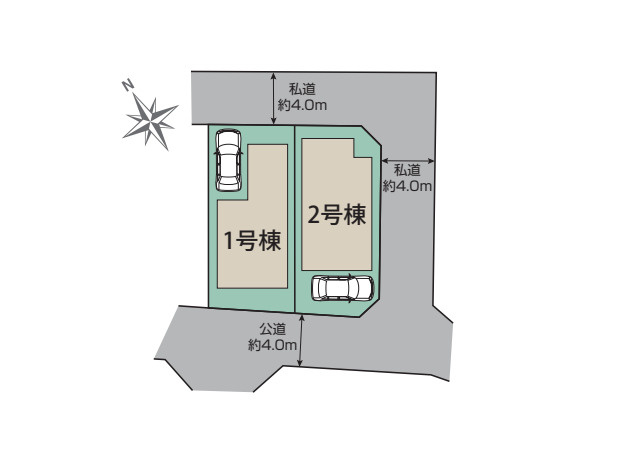 【土地図】 | 古淵新築戸建 | 図面の数字は敷地の各辺の長さ（m）、太線は道路に接する部分です。建物の配置や駐車スペースの目安がわかります。方位や隣地との関係は現地でご案内します。※図面と現況が異なる場合は現況優先。