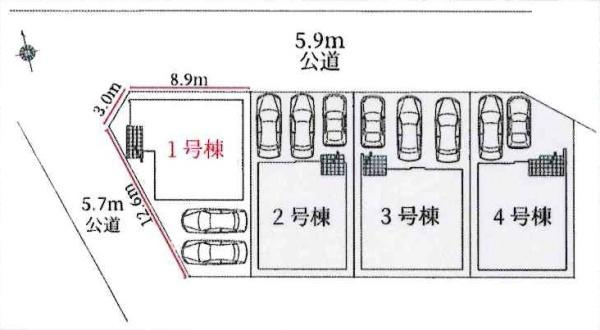 岡崎市鴨田町1期　全4棟・2号棟の区画図
