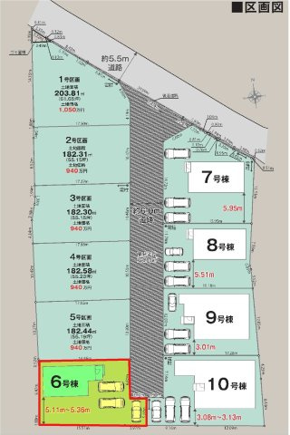 新築　佐波郡玉村町板井　LIGNAGE　6号棟の区画図|6号棟　区画図　東側接道幅員約6ｍ			
	
