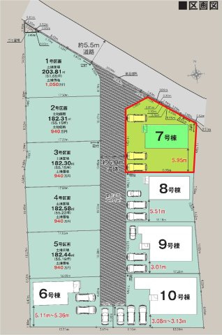 新築　佐波郡玉村町板井　LIGNAGE　7号棟の区画図|7号棟　区画図　　西側接道幅員約6ｍ　北側接道幅員約5.5ｍ　				
	
