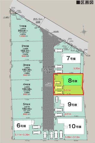新築　佐波郡玉村町板井　LIGNAGE　8号棟の区画図|8号棟　区画図　　西側接道幅員約6ｍ　