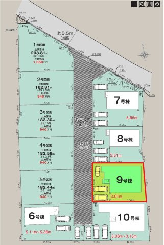 新築　佐波郡玉村町板井　LIGNAGE　9号棟の区画図|9号棟　区画図　　西側接道幅員約6ｍ　