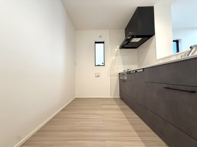 越谷市大竹２号棟　新築戸建のキッチン|自由度の高い背面エリア。ダストボックスを並べて置けるためゴミの分別作業もラクラク行えます。