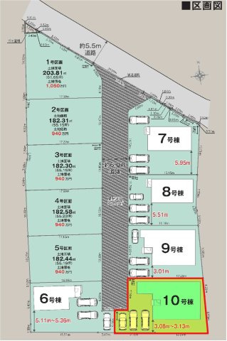新築　佐波郡玉村町板井　LIGNAGE　10号棟の区画図|10号棟　区画図　　西側接道幅員約6ｍ　