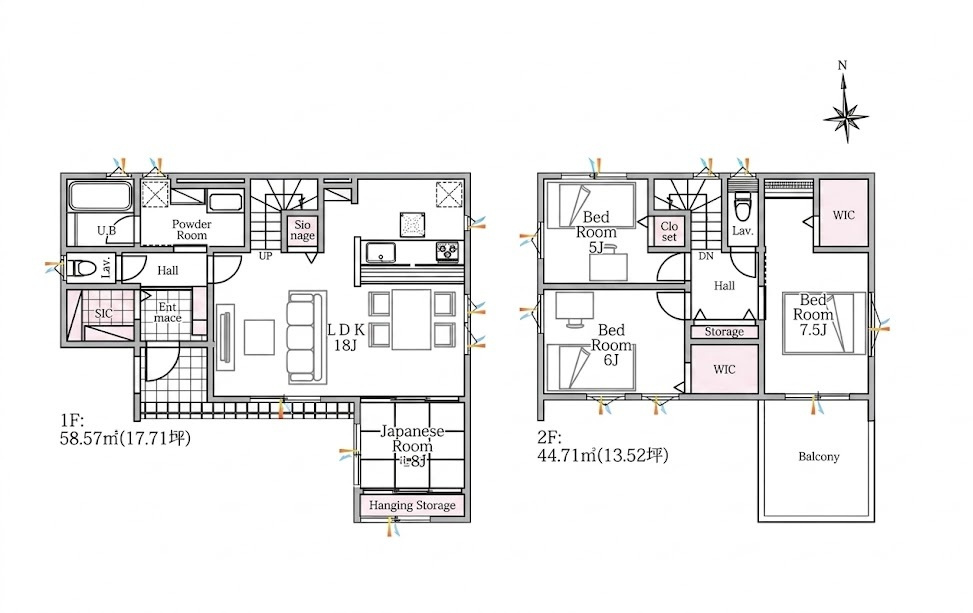 越谷市花田２期１号棟グランフェリディア新築戸建の間取り|1階に和室1部屋配した使い勝手の良い4LDK。客間やご高齢のご家族の部屋としても重宝する便利な間取りです。
