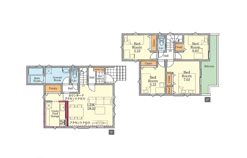 越谷市赤山町２期１号棟FIT-A新築戸建の間取り|家事に配慮した動線と豊富な収納を備えた4LDK。家族全員の荷物や衣類をすっきり整理整頓できます。