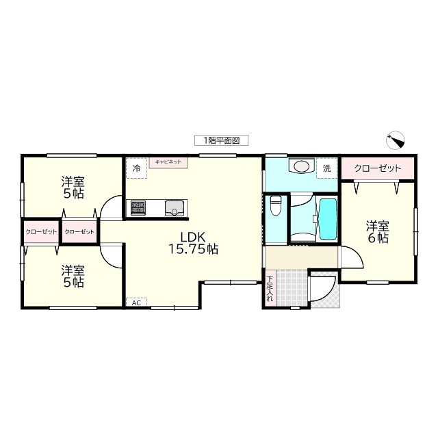 長根建売の間取り|F棟：LDK15.75帖、洋室6帖、洋室5帖、洋室5帖