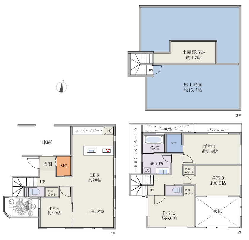 練馬区春日町3丁目　築浅×美築×角地　屋上庭園のあるデザイン邸宅の間取り|4LDK+SIC+WIC+小屋裏収納(固定階段式)+屋上庭園+ビルトイン車庫　敷地面積 110.04ｍ2　建物面積 106.11ｍ2