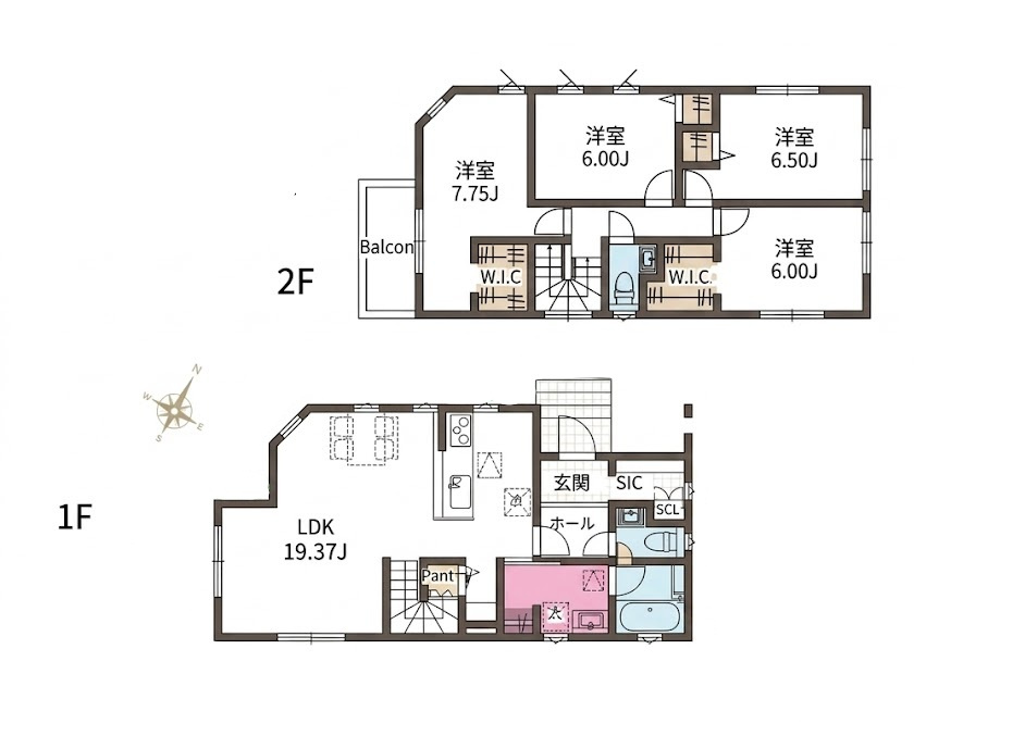 越谷市花田６丁目A号棟　新築戸建の間取り|部屋数豊富で使い道が広がる4LDK。お子様それぞれの個室や書斎、客間までしっかり確保できる間取りです。