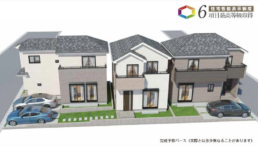 《仲介手数料半額》狭山祇園2期　全3棟　C号棟の外観パース|駅徒歩3分の好立地に誕生する全3棟の新築住宅。長期優良住宅・住宅性能評価書取得で、立地と性能の両方にこだわった住まいです。